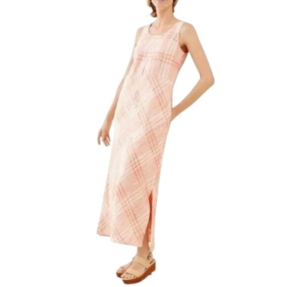 J. Jill Coral Plaid Linen Sleeveless Maxi Dress Size 4X 26 28 Summer Plus Cruise - Picture 1 of 9